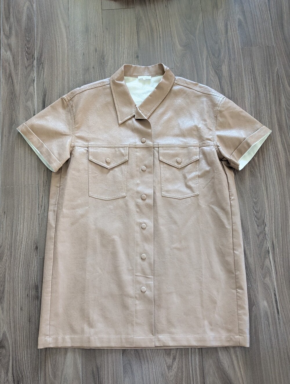 Women’s Short Sleeve Oversized Faux Leather Mini Shirt Dress in Tan (Small)